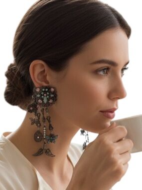 Banana Bob Swarovski Clip Earrings Vintage Filigree Butterfly Charm Dangle